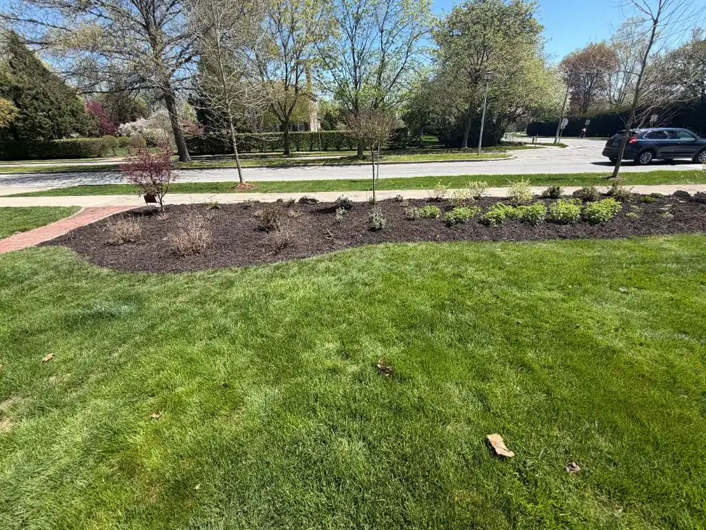 Fresh sod and new mulched garden bed Grand Rapids Michigan